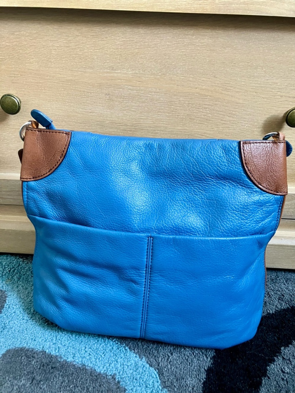 Brighton Blue Leather Shoulder Bag with Brown Trim - Picture 3 of 13